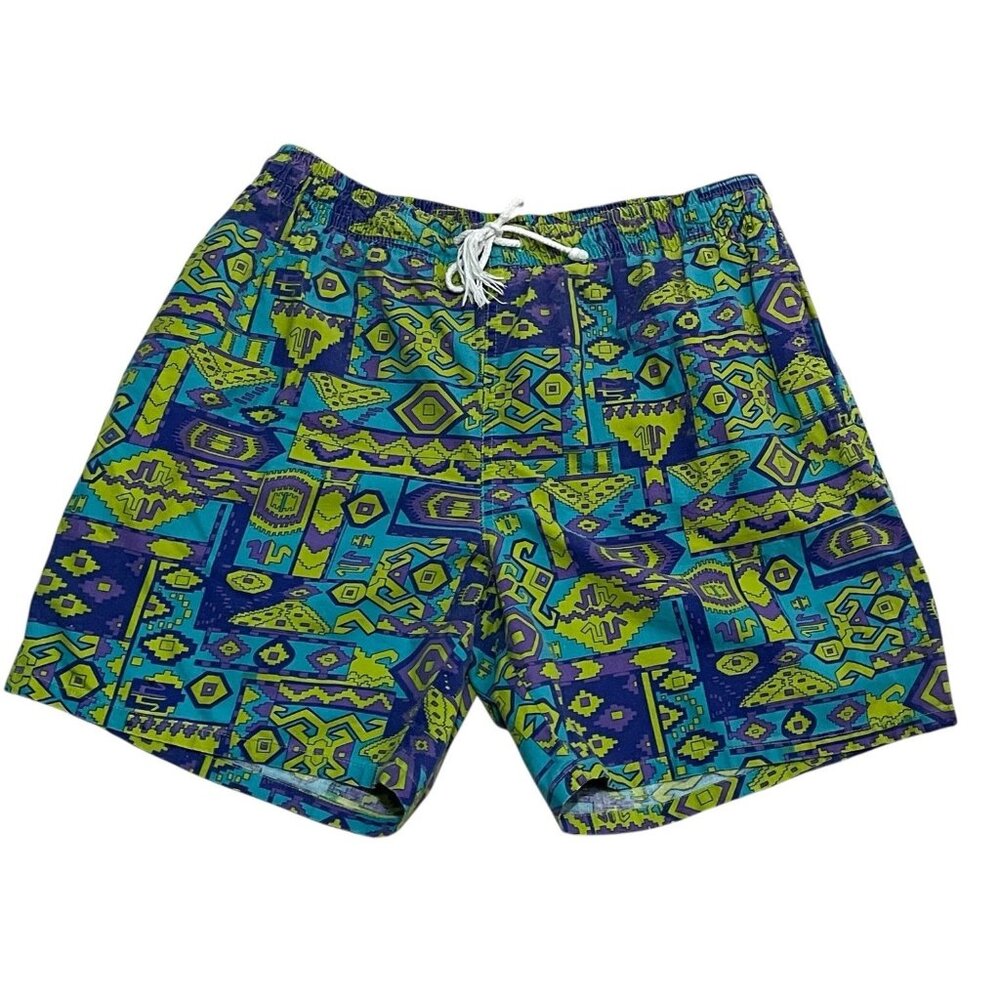 Vintage 90s Longstreet Mens Aztec Swim Shorts Green Purple Sz L Fabric Liner